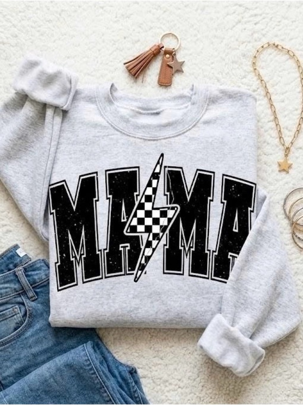 MAMA Lightning Bolt Checkered Crewneck Sweatshirt Varsity Grey Pullover